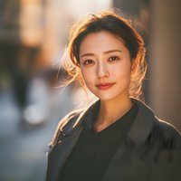 Young Asian businesswoman with warm smile in professional attire during golden hour lighting on urban street background for corporate and lifestyle content.