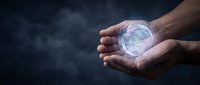 Hands holding glowing planet Earth with protective energy aura against dark stormy sky background for environmental conservation concepts.