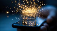 Shopping cart icon glowing with magical golden sparkles floating above smartphone screen in dark blue atmosphere, concept of mobile commerce and digital retail.
