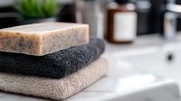 Handmade soap bar with natural coffee scrub on folded soft towels against marble bathroom counter, creating minimalist spa composition for wellness and self-care routine.