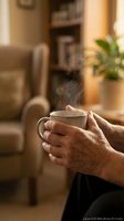 Senior hands holding steaming hot coffee mug in cozy living room with warm morning light creating peaceful atmosphere for relaxation and comfort.