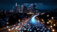Futuristic cityscape at night with glowing light trails on highway leading to illuminated skyscrapers against dark blue sky, creating dynamic urban energy flow.