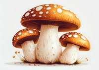 Orange spotted mushrooms with white dots growing from soil, detailed nature illustration with textured caps and stems showing delicate gills underneath.
