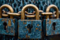 Vintage blue padlock with peeling paint and rusty chain shows weathered metal texture and keyhole detail in macro photography, symbolizing security and protection.