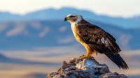 Majestic eagle perched on rocky mountain peak at sunrise, powerful raptor against blurred mountain landscape background in warm golden light.