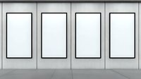 Empty white gallery wall with four black frames in row on light gray background, minimalist exhibition space interior for artwork display and presentations.
