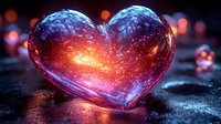 Glowing heart shape with magical galaxy effect in purple and orange colors against dark background, romantic cosmic love concept for Valentine designs.