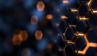 Glowing hexagonal molecular structure with golden light effects on dark background, abstract science and technology concept for research presentation.