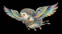 Colorful winged creature with feathered wings in blue, gold, and teal tones, isolated on transparent background. Ready for t-shirt design, clipart, stickers, and print-on-demand projects.