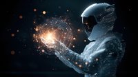 Astronaut in protective suit holding glowing galaxy sphere with cosmic particles and light effects against dark space background. Science fiction concept.