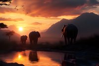 African elephants silhouetted against dramatic orange sunset sky, walking along waterhole with mountain backdrop and acacia trees, reflections in calm water.