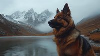 German Shepherd dog sitting by mountain lake with snow-capped peaks in background, outdoor adventure and nature exploration concept.