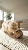 Fluffy ginger cat playing with crumpled paper ball on cream carpet in bright living room with natural light and modern furniture.