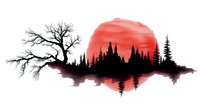 Dramatic forest silhouette with castle against large red moon, reflecting on water surface. Dark bare tree and pine forest create mysterious atmosphere.