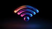 Glowing multicolored wifi symbol with neon light effect and glass sphere on dark background, modern technology concept for wireless internet connection.