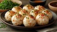 Steamed rice balls garnished with chives and spicy seasoning on dark ceramic plate, close up view of traditional Asian appetizer served with dipping sauce.