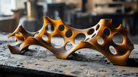 Modern abstract wooden sculpture with organic flowing form and circular cutouts, showcasing natural wood grain in warm amber tones on workshop table.