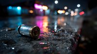 Empty bullet shell casing on wet asphalt street at night with colorful bokeh lights reflecting on pavement creating urban crime scene atmosphere.