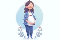 Cute cartoon pregnant woman in striped cardigan touching belly, surrounded by floral elements on blue circle background. For pregnancy announcements and baby shower designs.
