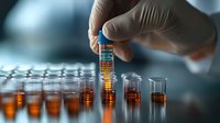 Laboratory technician in protective gloves holding test strip over row of glass tubes with orange liquid samples during scientific research and analysis.