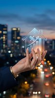 Hand holding glowing house icon with percentage and growth chart over blurred city skyline at dusk for real estate investment and mortgage concepts.