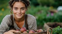 Young Caucasian woman gardener smiling with freshly harvested organic apples in rustic basket, wearing casual clothing against blurred garden background.