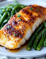 Grilled cod fillet with caramelized honey glaze served on white plate with steamed green beans, garnished with fresh herbs and sauce drizzle.