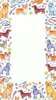 Colorful dog breeds frame with paw prints, bones, leashes and toys on white background. Pet care, veterinary clinic, dog training poster template.