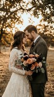 Romantic newlywed couple sharing intimate moment under golden autumn trees with bridal bouquet during outdoor wedding ceremony celebration.