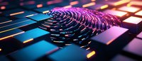 Futuristic digital wave pattern with glowing neon purple and orange lights emerging from black geometric surface, creating dynamic motion effect for tech backgrounds.
