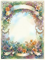 Watercolor floral frame with gold ornaments, birds, roses, and ribbons. Pastel vintage border template with blank center for wedding or greeting card.