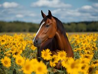Brown horse standing in sunflower field with blue sky, suitable for equestrian, agriculture, nature and lifestyle design projects.