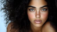 Young mixed race woman with bright blue eyes, natural curly dark hair, and freckles on glowing skin against dark background, beauty portrait closeup.