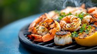 Grilled jumbo shrimp and scallops with fresh herbs and lemon on black plate, selective focus on seafood with blurred background, macro food photography.