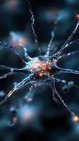Glowing neuron with branching dendrites and synaptic connections in deep blue tones, showing electrical impulses and neural activity in brain tissue.