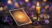 Mystical tarot card reading setup with glowing mandala design, burning candle in brass holder, and purple amethyst crystals on wooden table with bokeh lights.