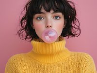 Young Caucasian woman with dark curly hair wearing yellow turtleneck sweater blowing pink bubblegum bubble against pink background, playful fashion portrait.