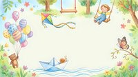 Watercolor children playground frame with swing, kite, paper boat, balloons and flowers. Isolated background for kids party invitations and designs.
