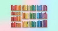 Colorful books arranged by rainbow spectrum on floating shelves against pastel gradient wall creating organized library display for home decor and education.