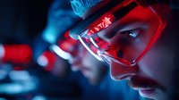 Young male athlete wearing protective red sports goggles illuminated by dramatic blue and red lighting, close-up profile view showing determination and focus.