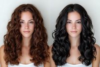 Young Caucasian woman with natural makeup showing hair color transformation from brown to black curly long hairstyle, beauty salon result comparison.