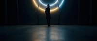 Silhouette of person standing in futuristic corridor with glowing circular portal, sci-fi interior design for technology and innovation concepts.