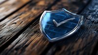 Blue metallic shield with checkmark on wooden surface, representing digital security and protection concept. Dramatic lighting enhances depth and modern appeal.