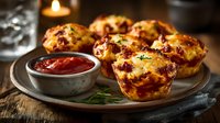 Savory cheese and bacon muffins served on rustic plate with tomato dipping sauce, warm candlelight creating cozy atmosphere for appetizer or brunch.