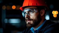 Professional construction worker with safety helmet and protective eyewear in industrial setting with bokeh lights background for workplace safety concepts.