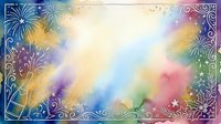 Colorful fireworks and bokeh lights burst across ornate decorative frame with swirling patterns, creating festive celebration background for holiday, New Year, party invitations and event designs.