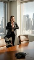 Professional businesswoman practicing yoga meditation in modern office conference room with city skyline view during work break for stress relief.