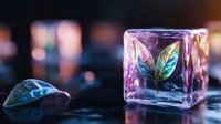 Frozen green leaf trapped in crystal clear ice cube with magical purple and blue reflections on dark background with bokeh lights and water drops.