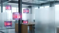 Glowing digital security cubes with lock and eye icons floating in a modern glass office, representing cybersecurity and data protection concepts.
