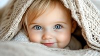 Adorable blonde baby with blue eyes peeking from under cozy knit blanket, expressing joy and innocence in soft natural lighting for family content.
